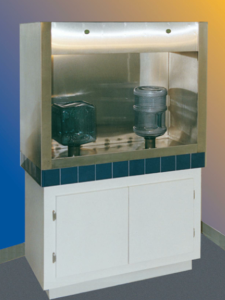 Water cooler dispensing station with cabinet.